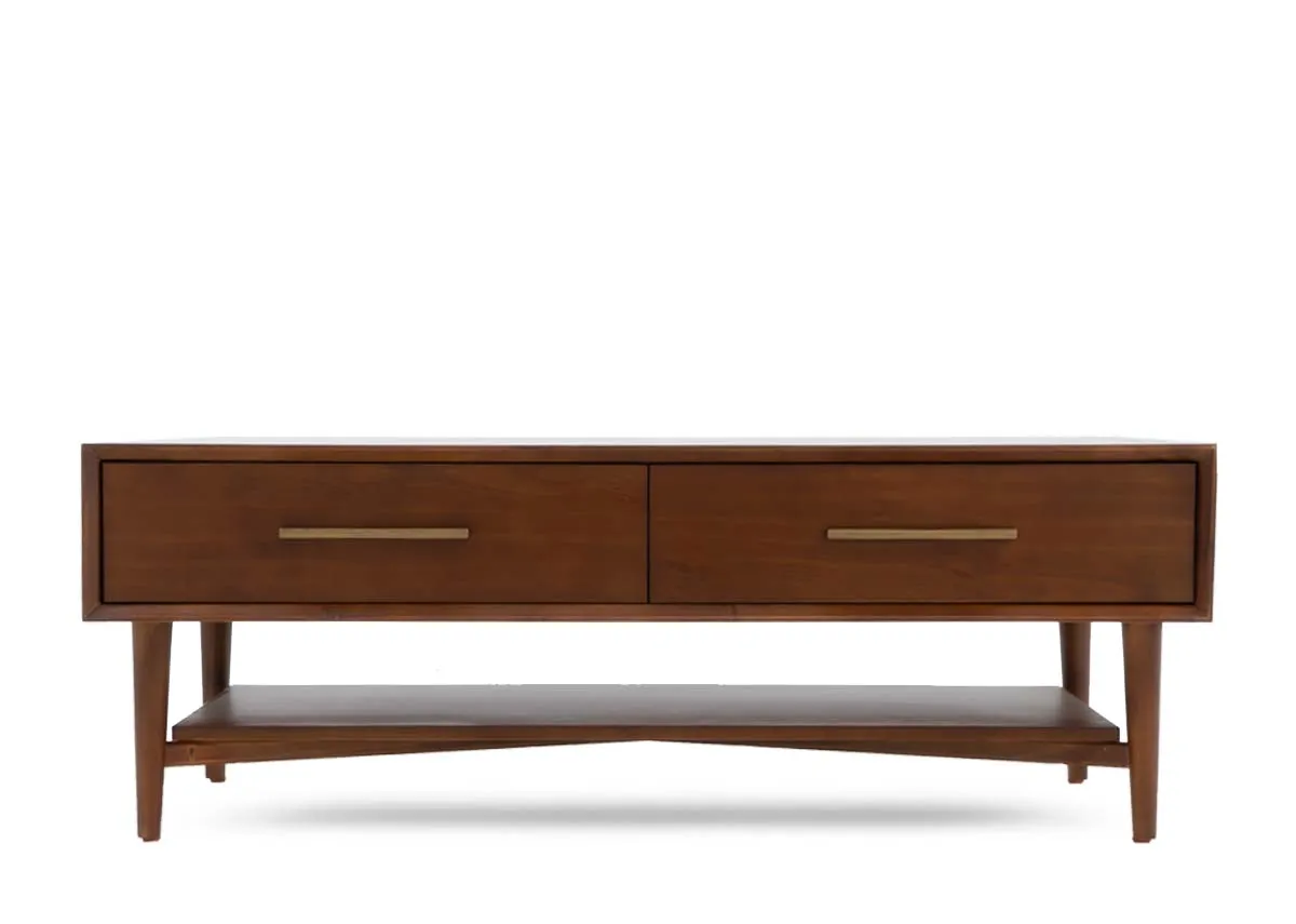 A dark pine coffee table viewed from the front featuring two drawers with brass pulls and an open lower storage shelf.