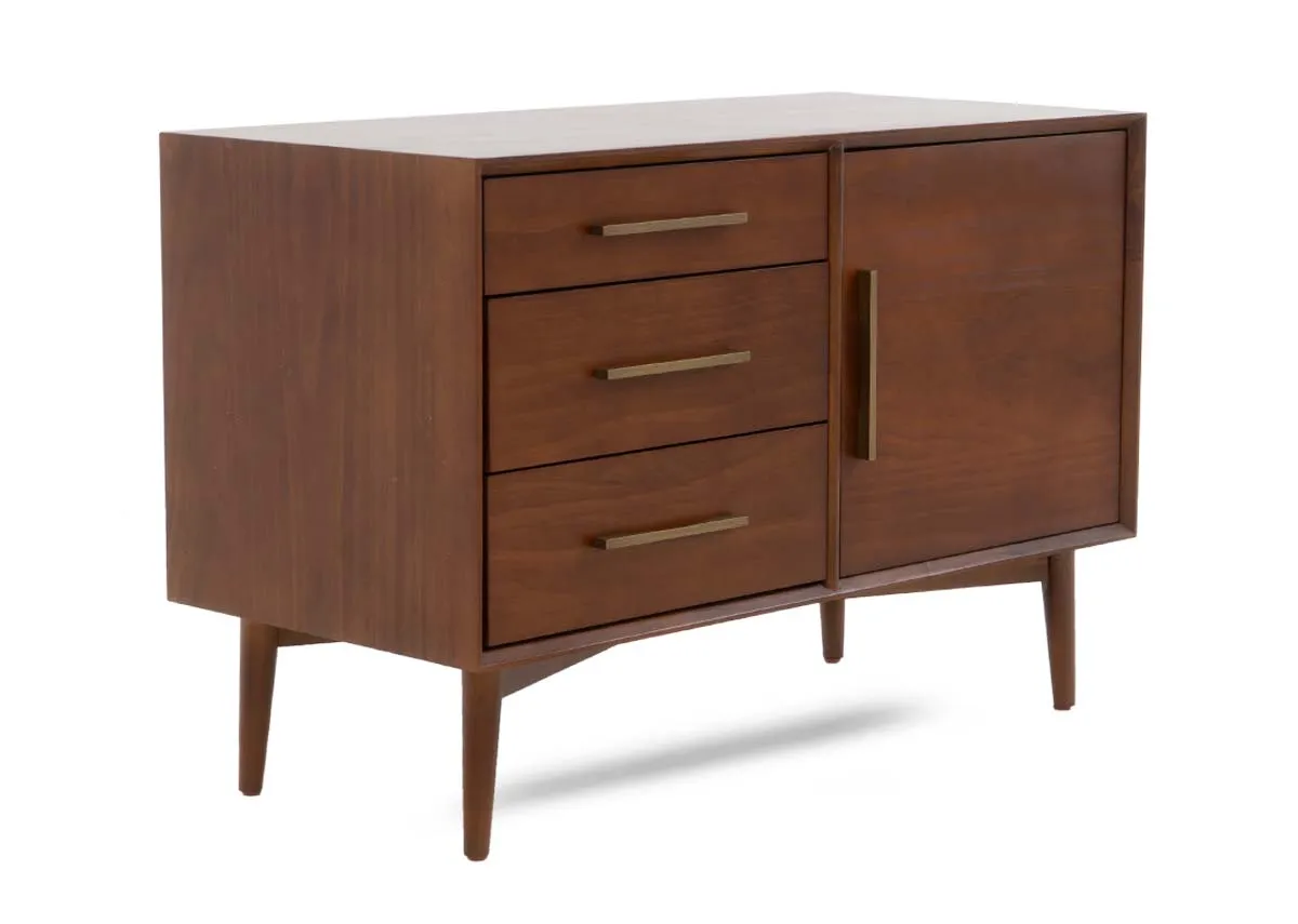 An angled view of a dark pine sideboard with a single door on the right and three vertically stacked drawers on the left.