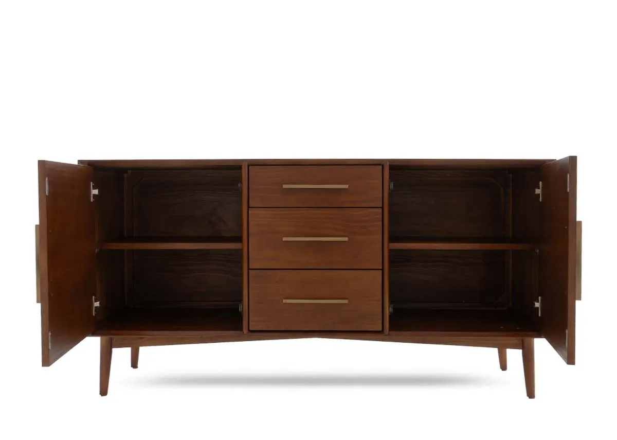 An open dark pine sideboard with two doors revealing interior shelves and three central drawers with brass pulls.