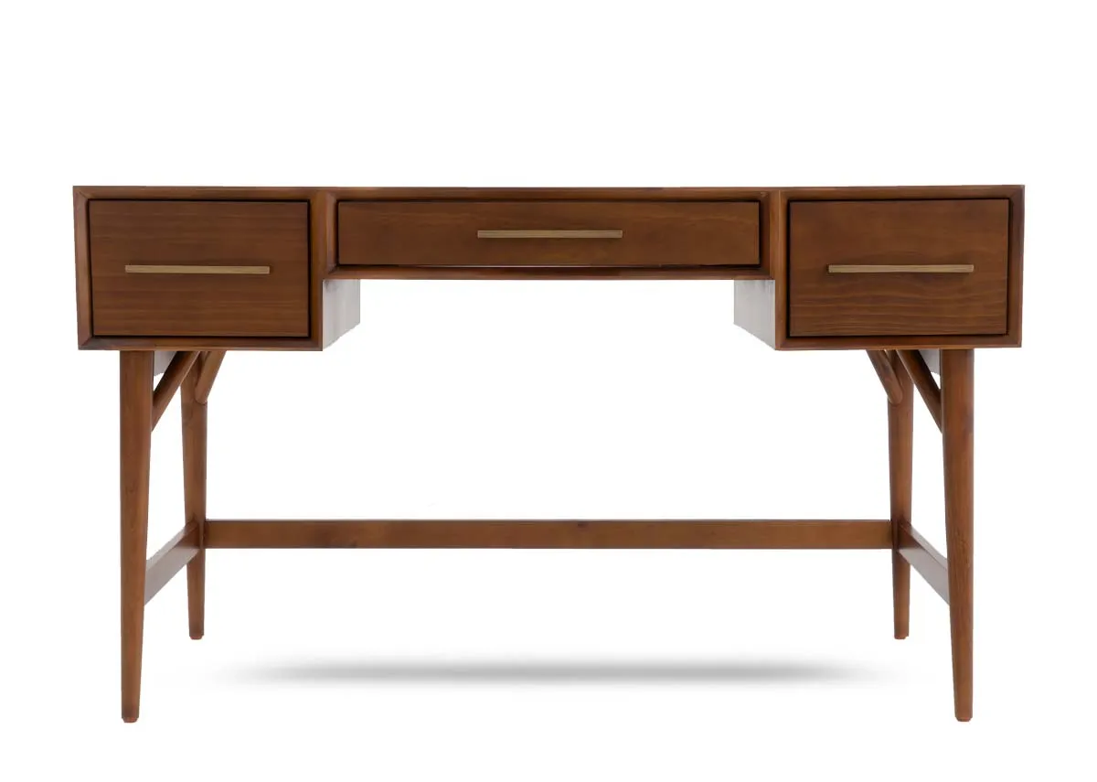 A dark pine console table viewed from the front with three drawers across the top each with a brass pull.