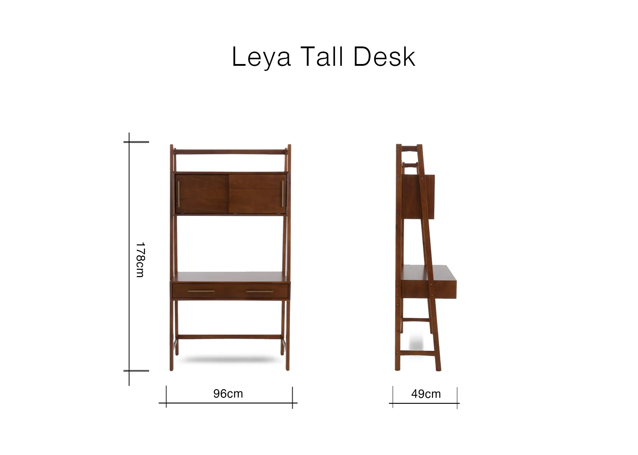 A diagram showing the dimensions of the tall dark pine desk including its height of 178 cm width of 96 cm and depth of 49 cm.
