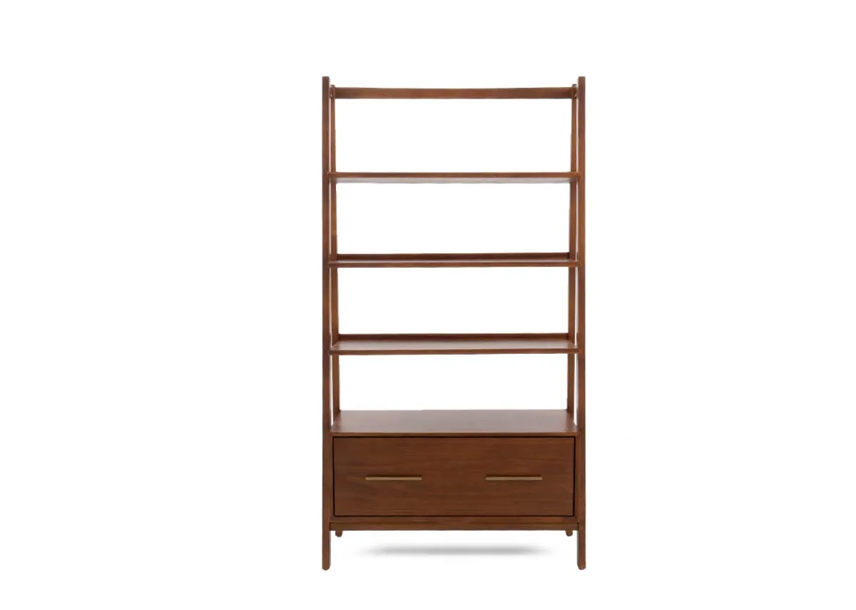 A wide dark pine display unit viewed from the front featuring four open shelves and a spacious bottom drawer.