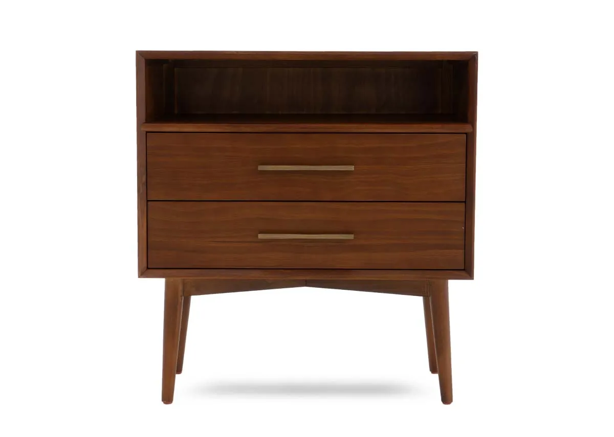 A straight front view of the brown wooden locker featuring an open shelf above two drawers with brass pull handles.