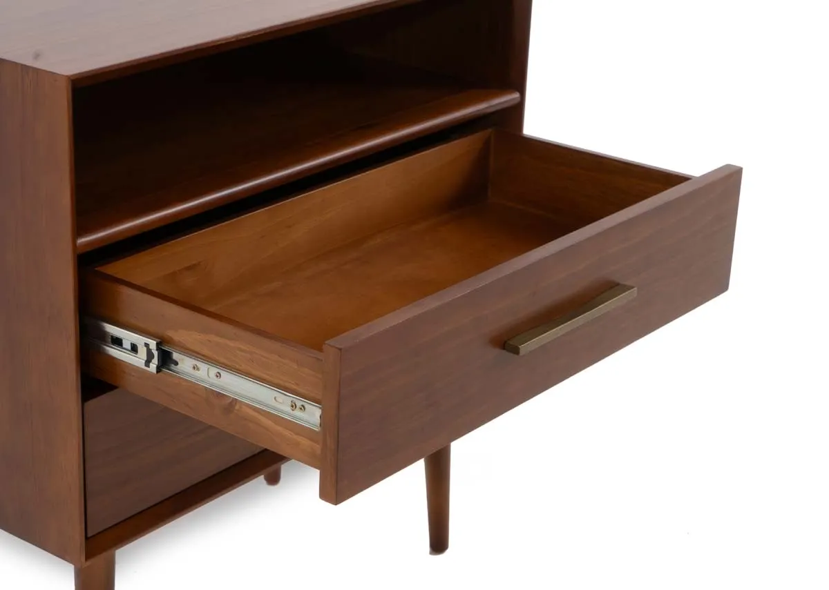 A close up view of the top drawer of the brown wooden locker pulled open showing its spacious interior and smooth drawer slides.
