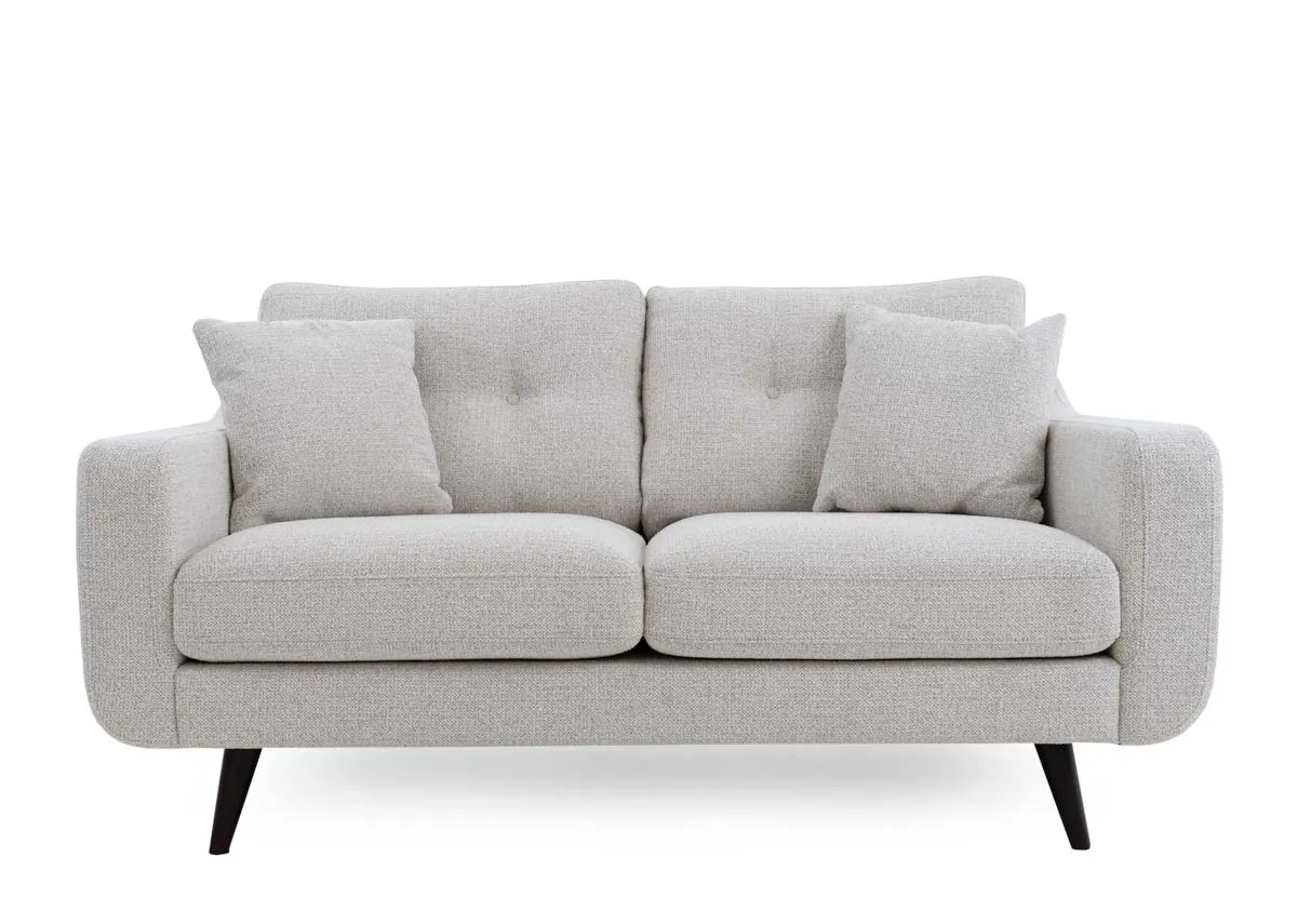 A 2 seater light grey fabric sofa from EZ Livings Bandon range. Front view of 2 scatters