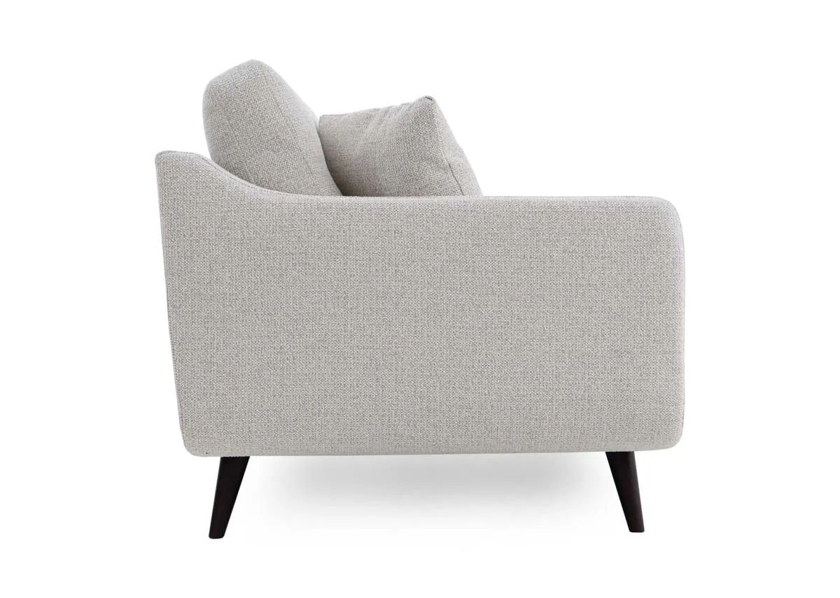 A 2 seater light grey fabric sofa from EZ Livings Bandon range. Side view
