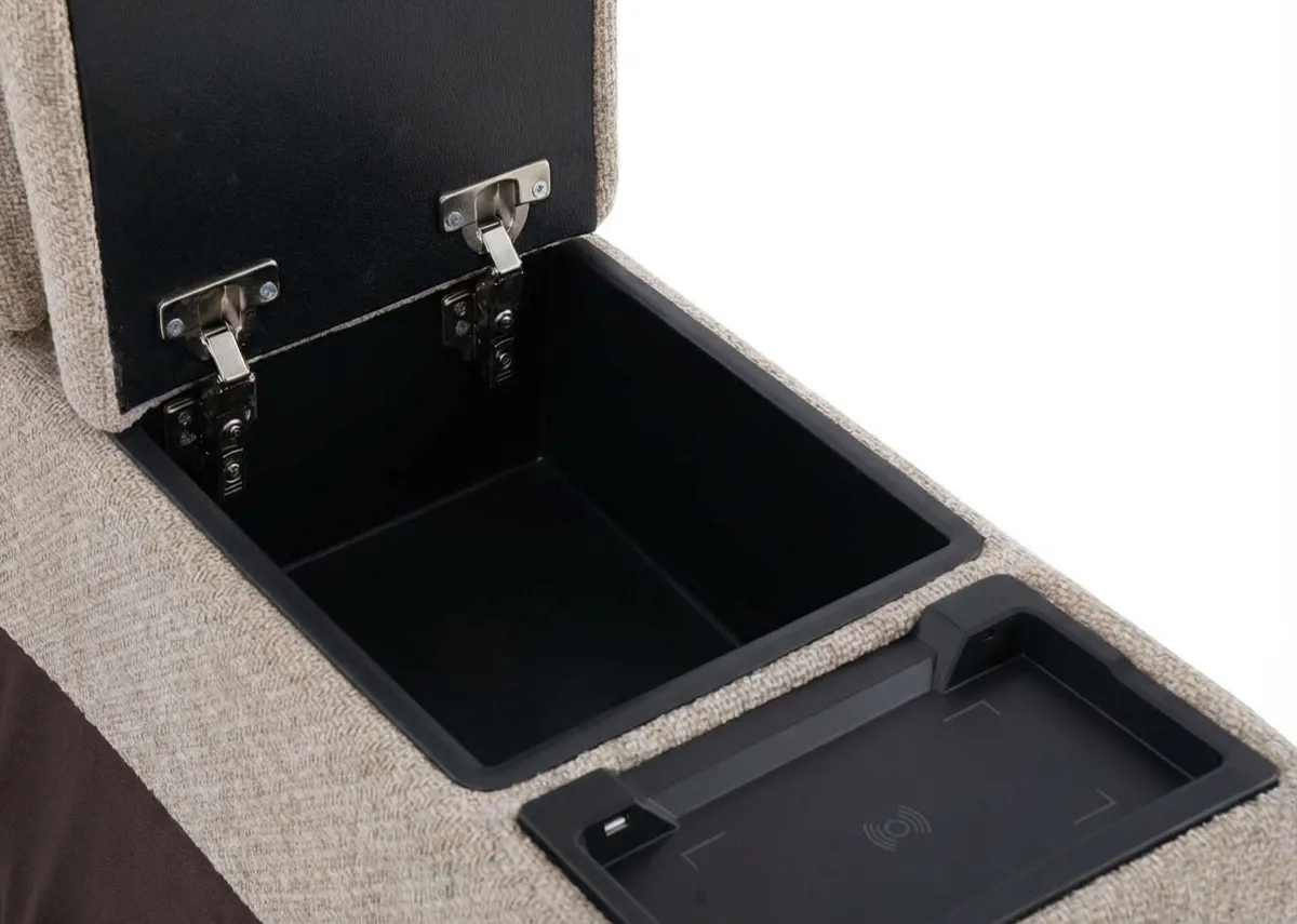 A fabric drinks holder from EZ Livings Ashbrook range. Closeup of concealed storage space under the armrest