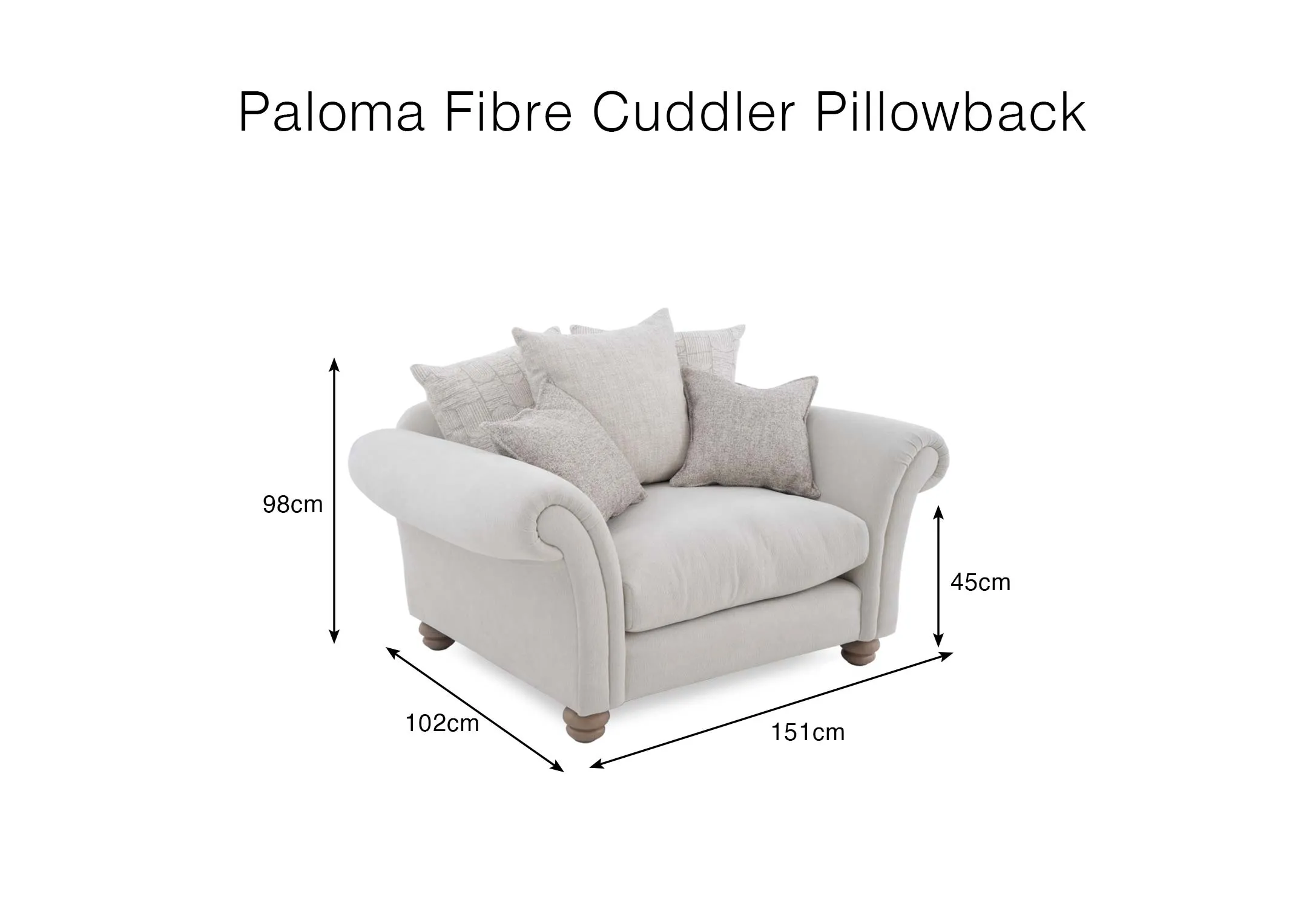 A dimension image of the Paloma Cuddler with 151cm x 98cm x 102cm