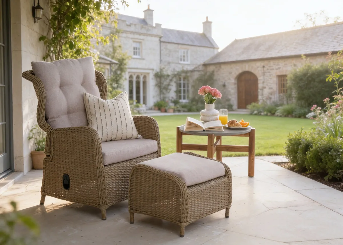 A wicker garden lounger from EZ Livings Laurel range.Side view of fixed chair
