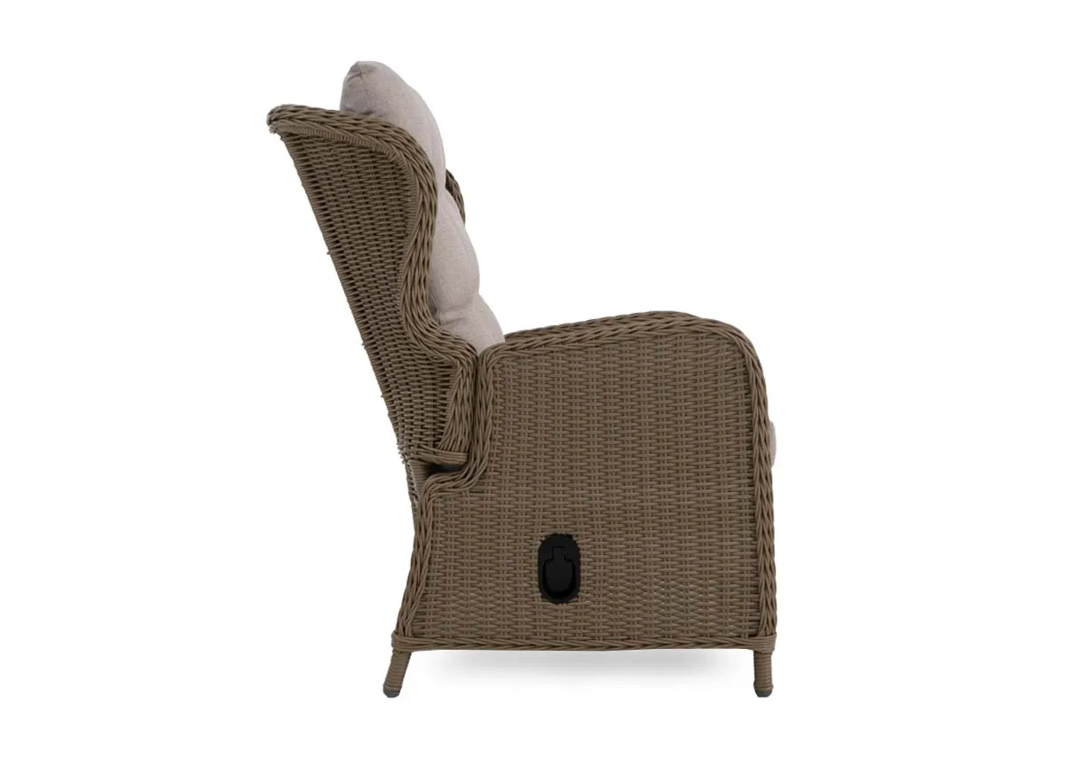A wicker garden lounger from EZ Livings Laurel range.Side view of fixed chair