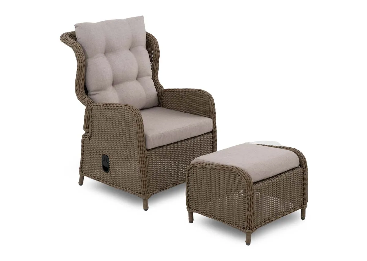 A wicker garden lounger from EZ Livings Laurel range. Angled view of lounger and ottoman.