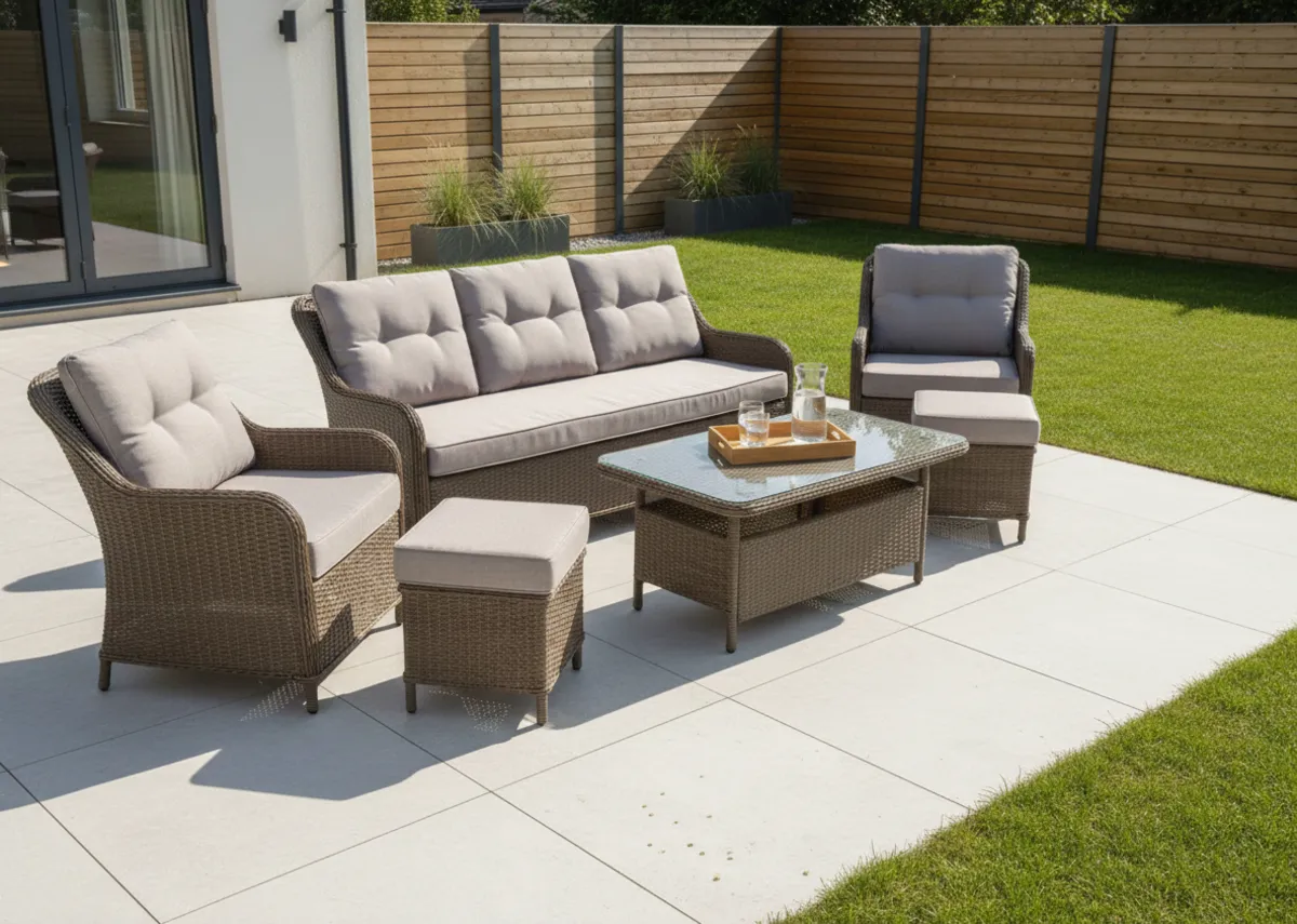 A lifestyle image of the Marbella sofa set in a suburban gardan on a patio.