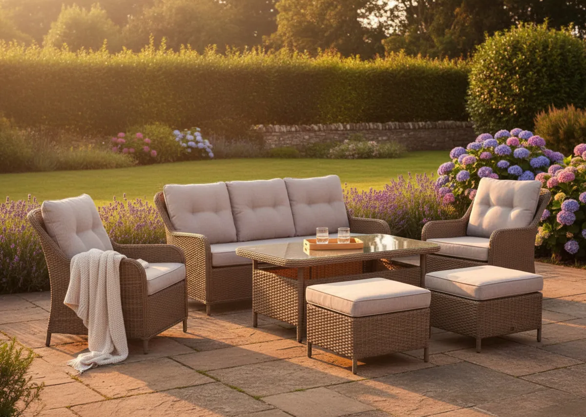 A lifestyle image of the Marbella sofa set in a country garden