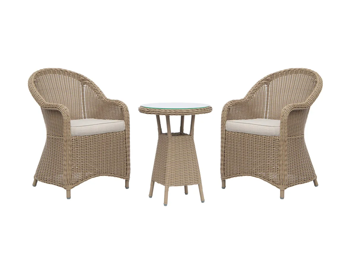 An image of the balcony table paired with 2 round back garden chairs sold seperately.
