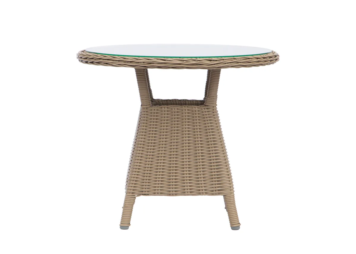 A small rattan balcony table from EZ Livings Seville range. Front view