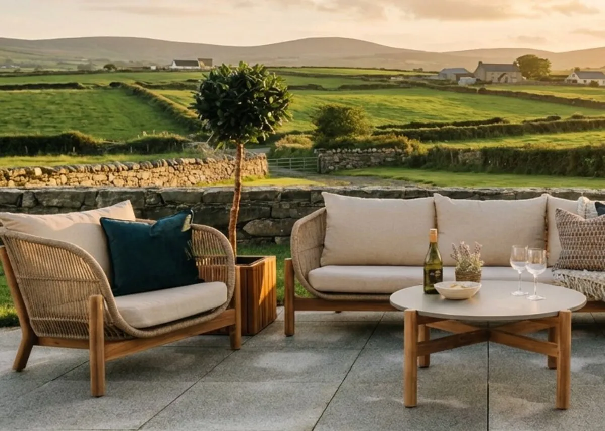 A round garden coffee table with concrete top from EZ Livings La Palma range.Closeup of concrete top