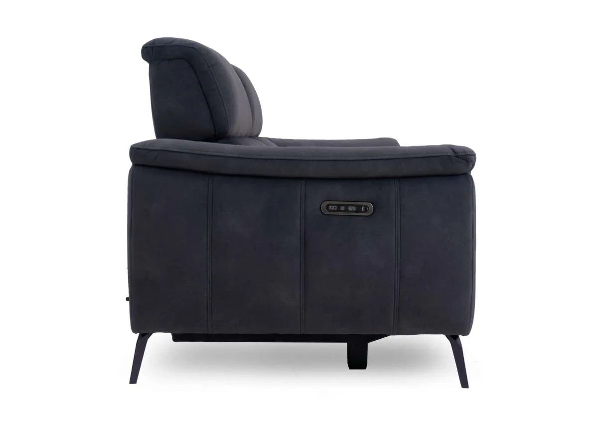 A dark grey 2 seater power recliner from EZ Livings Madsion range. Closeup of speaker