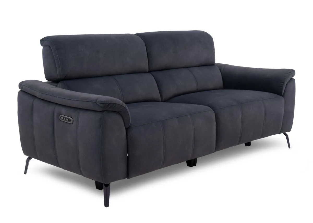 A dark grey 2 seater power recliner from EZ Livings Madsion range. Angled view of metal legs