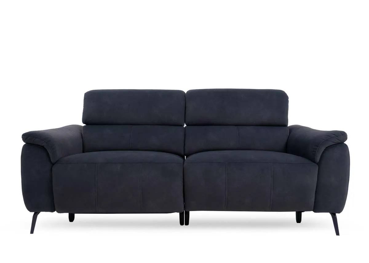 A dark grey 2 seater power recliner from EZ Livings Madsion range.Front view of sofa extended