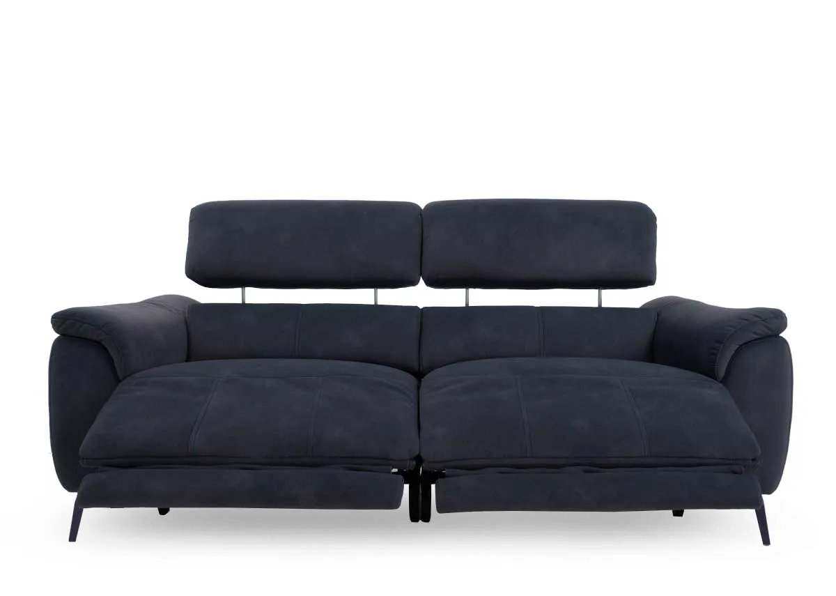 A dark grey 2 seater power recliner from EZ Livings Madsion range.Side veiw of chair extended