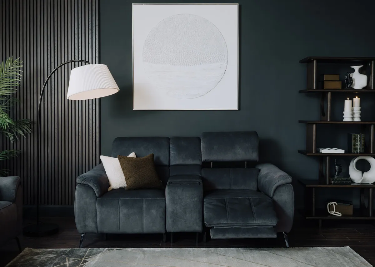 2 Seater Grey Fabric Power Reclining Sofa (Bluetooth speaker) - Madison