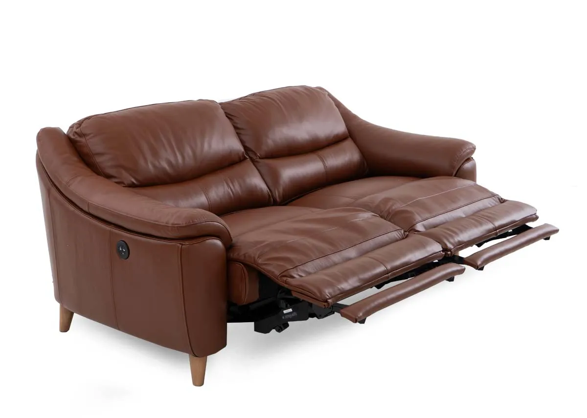 A brown leather 2 seater recliner sofa from EZ Livings Blaze range. Angled view
