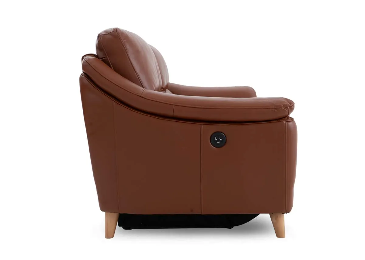 A brown leather 2 seater recliner sofa from EZ Livings Blaze range. Side view