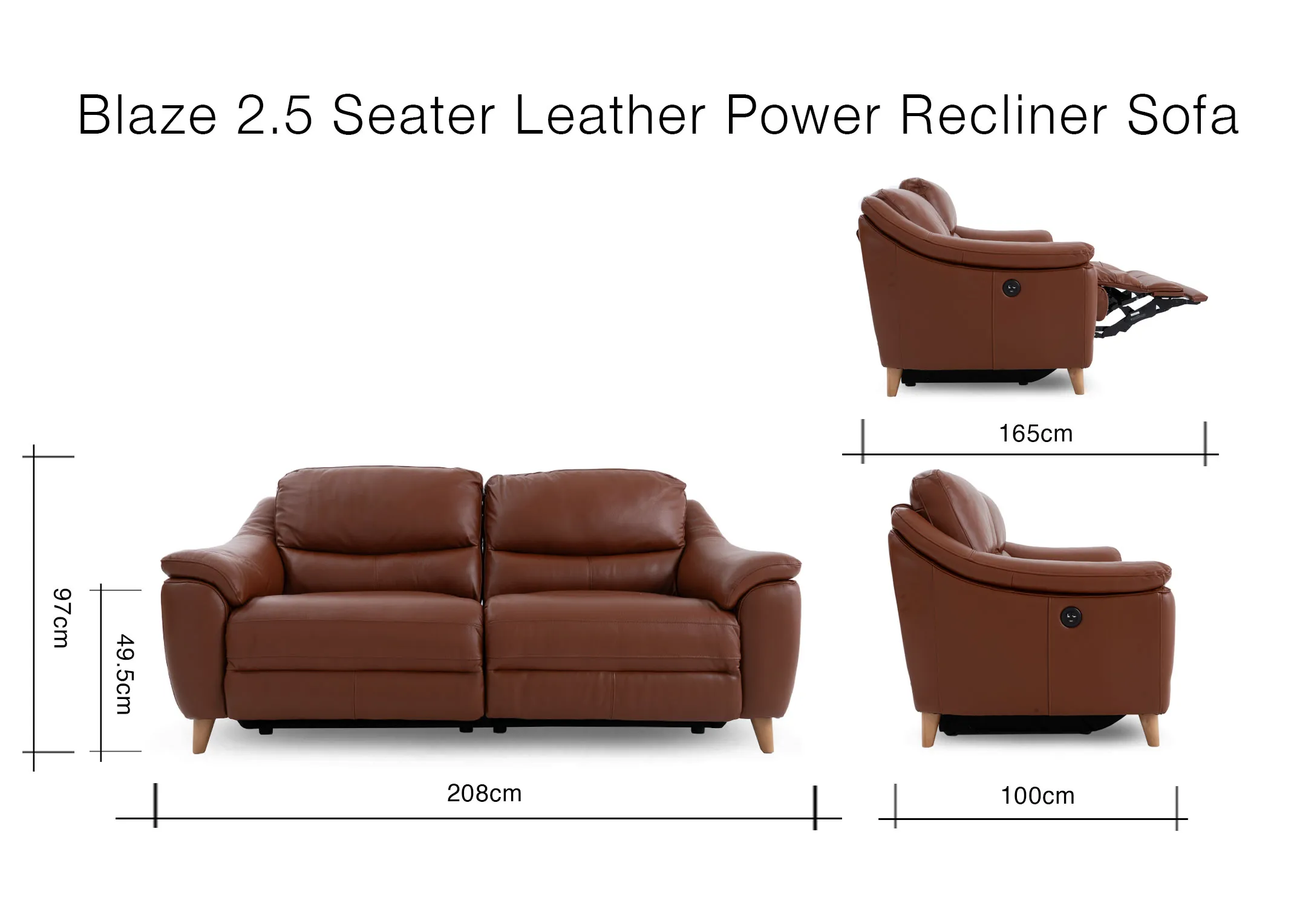 A dimension image of the Blaze 2.5 Seater sofa with 208cm x 100-165cm x 97cm