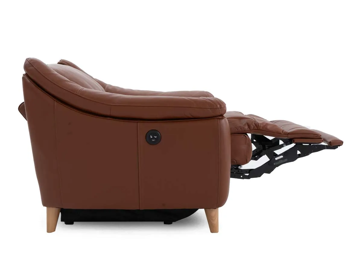 A brown leather recliner armchair from EZ Livings Blaze range. Side view of fully reclined chair