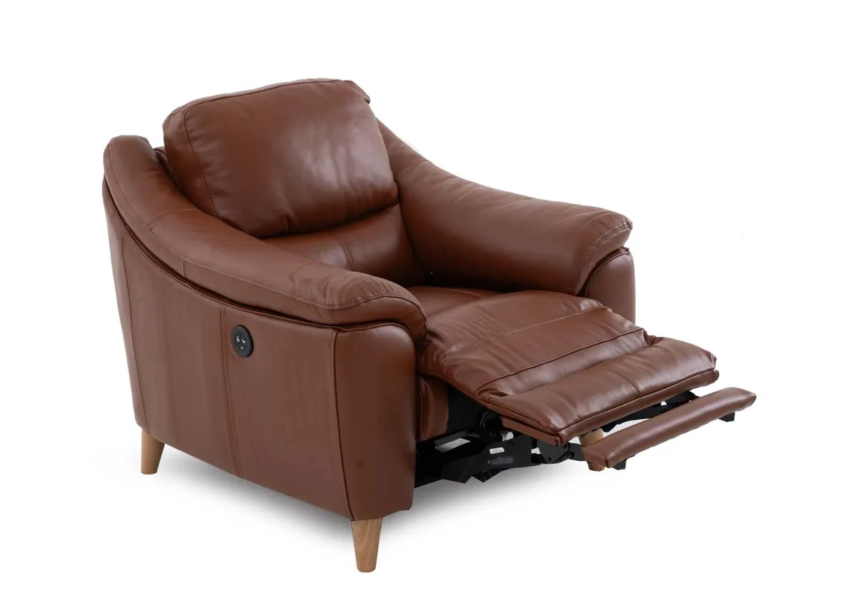 A brown leather recliner armchair from EZ Livings Blaze range. Angled view of chair reclined