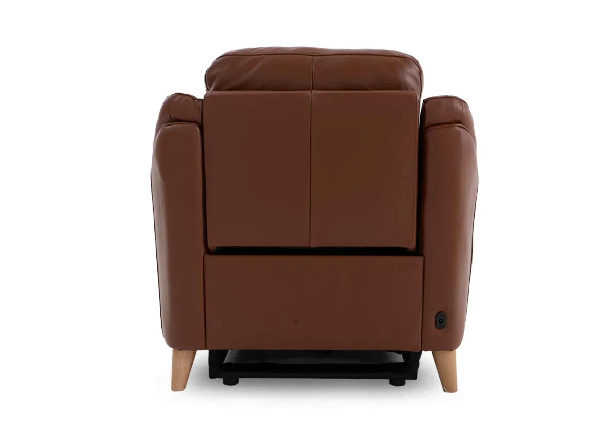 A brown leather recliner armchair from EZ Livings Blaze range. Back view