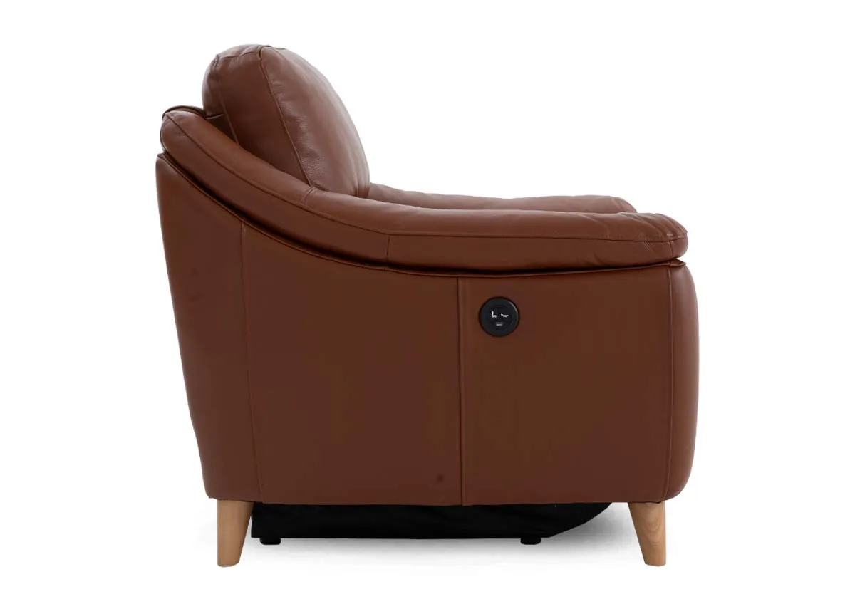 A brown leather recliner armchair from EZ Livings Blaze range. Sode view of padded armrests
