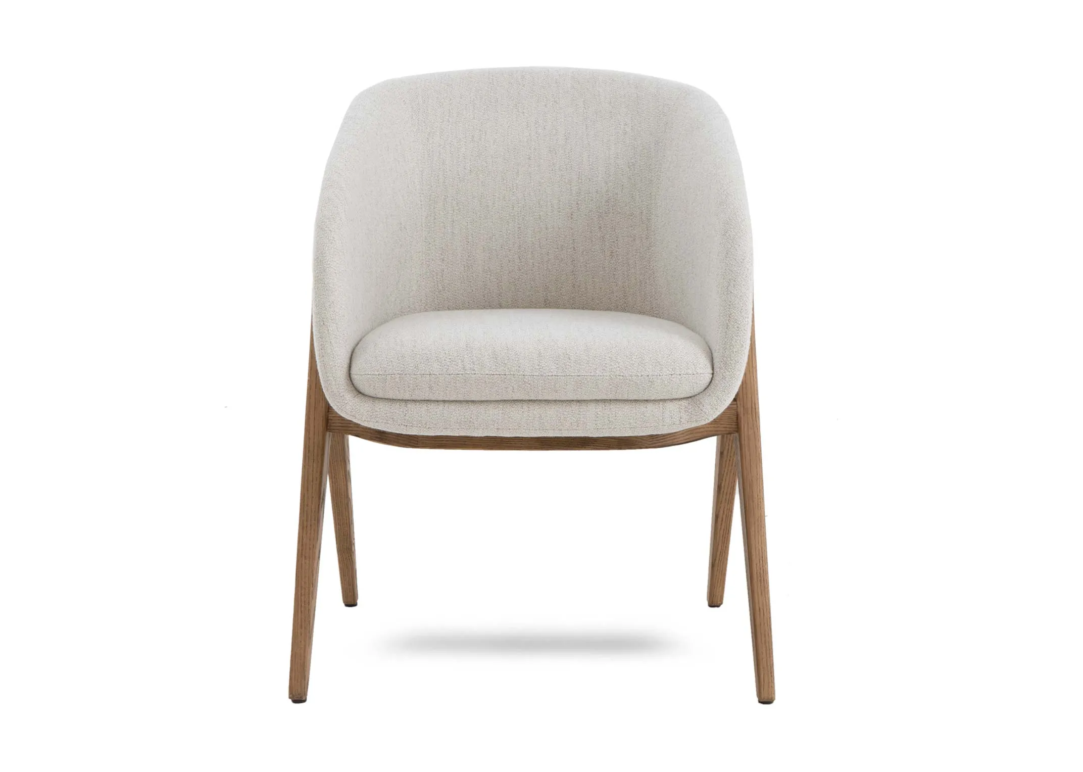 A cream fabric dining chair with oak legs from EZ Livings Toulon range.Front view of padded seat cush