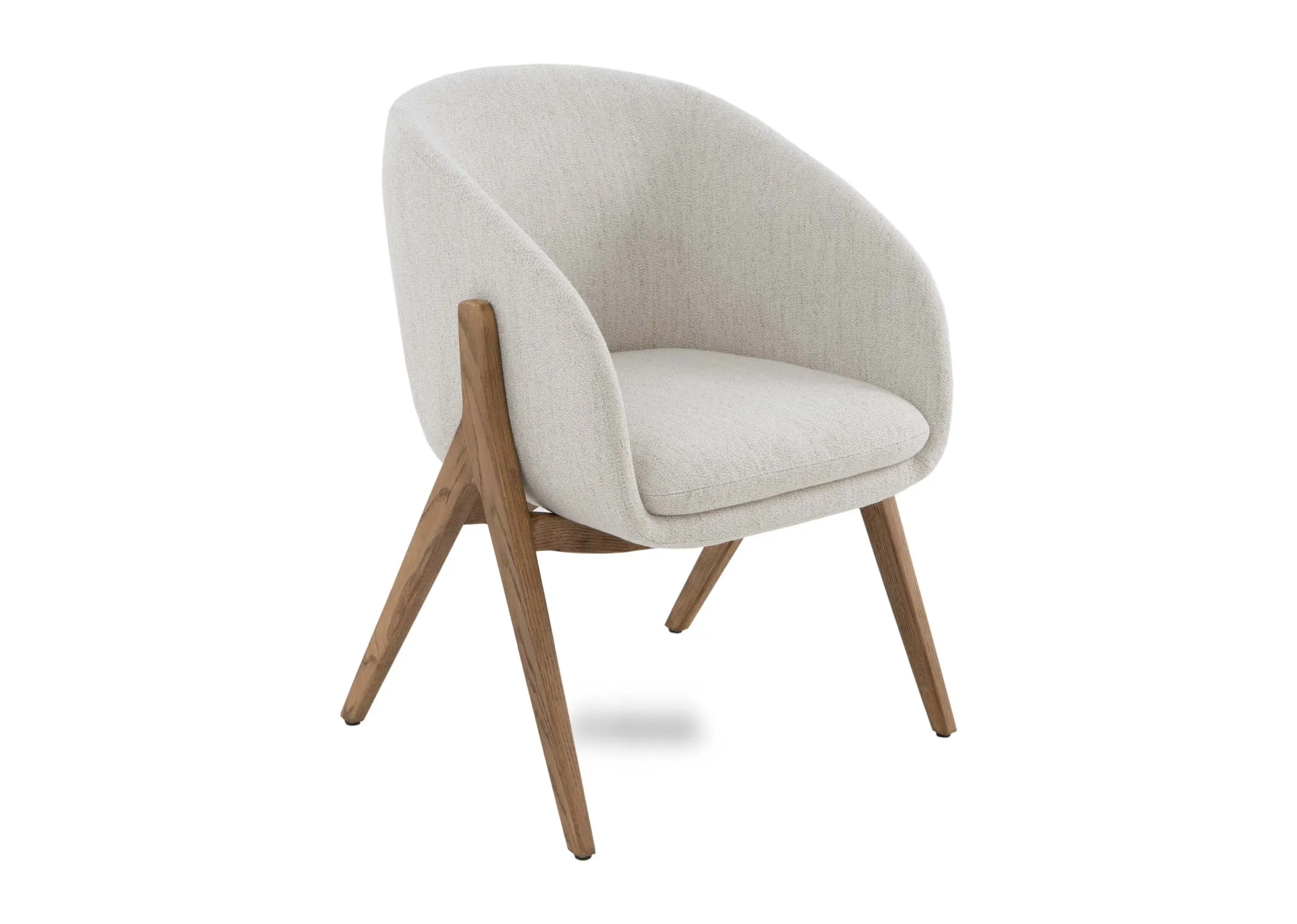 A cream fabric dining chair with oak legs from EZ Livings Toulon range. Angled view.