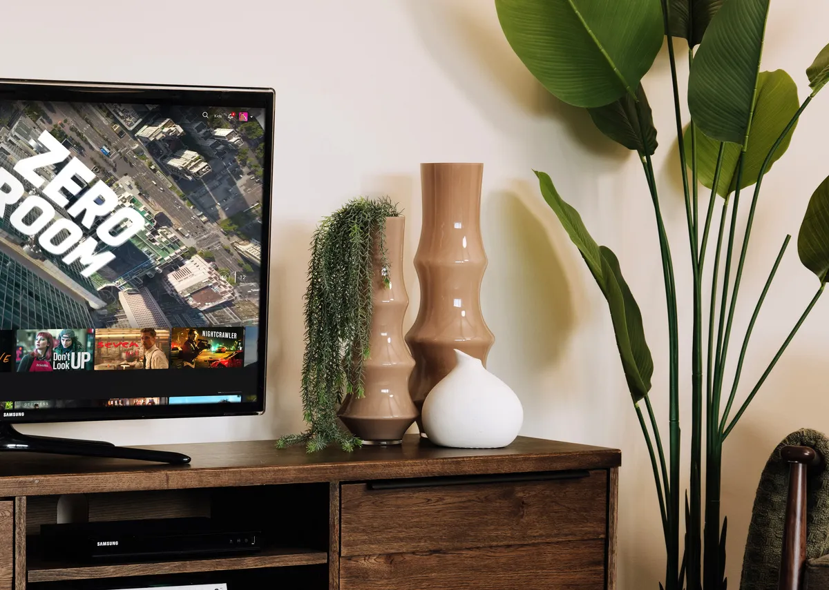 A lifestyle image of the Fiorenza vases on the Arno tv unit.