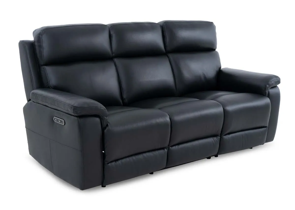 3 Seater Black Leather Power Reclining Sofa - Raven