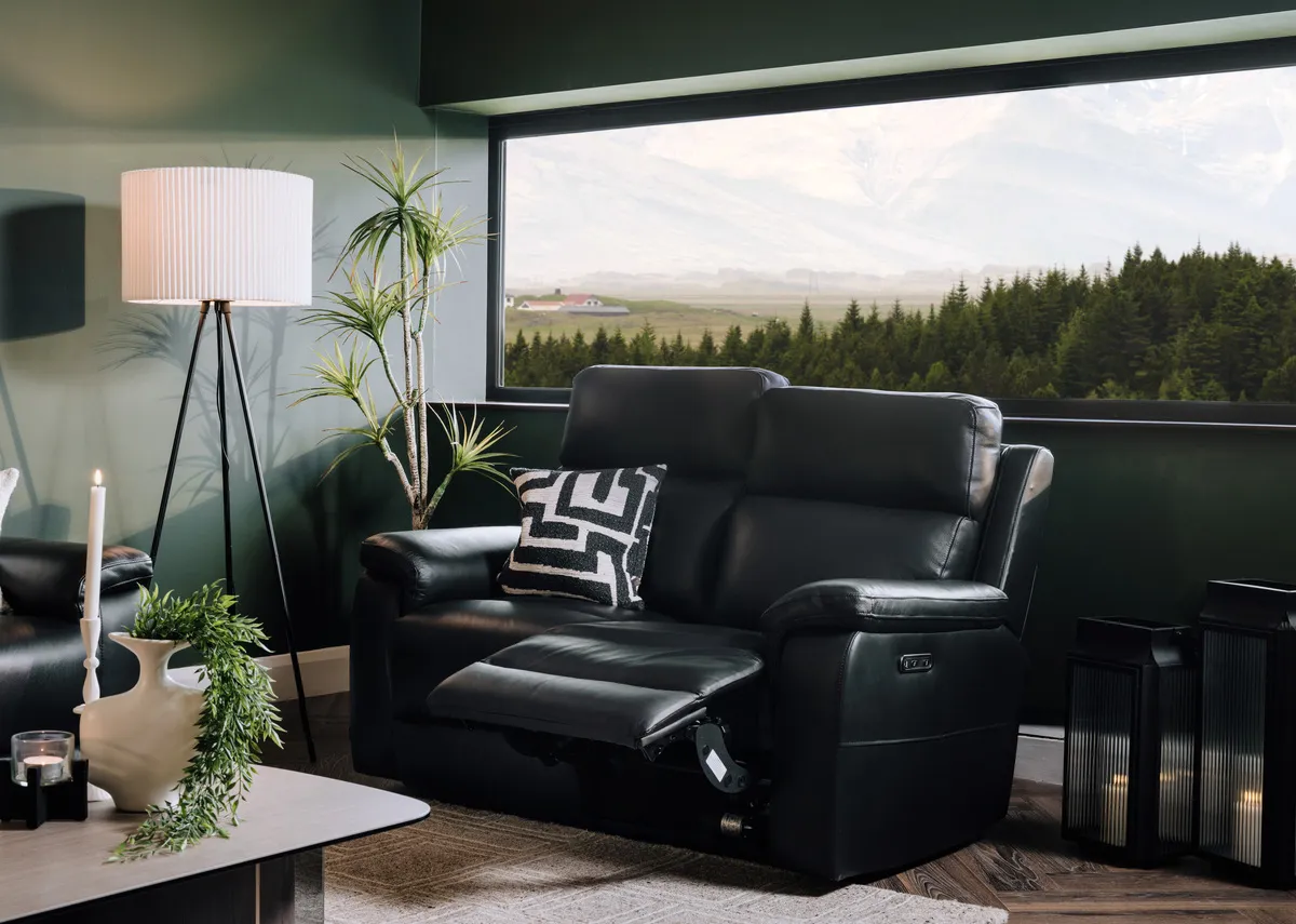 2 Seater Black Leather Power Reclining Sofa - Raven