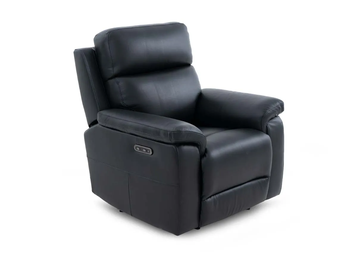 A leather power recliner in a fixed position from EZ Livings Raven range. Angled view of soft black leather upholstery.