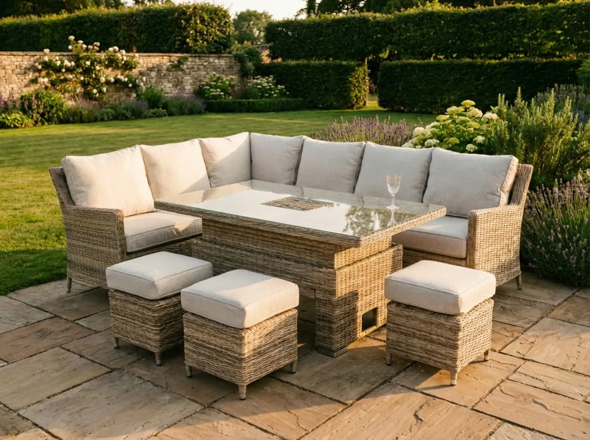 A wicker garden set with Corner sofa and dining table and 3 ottomans from EZ Livings Monterey range.