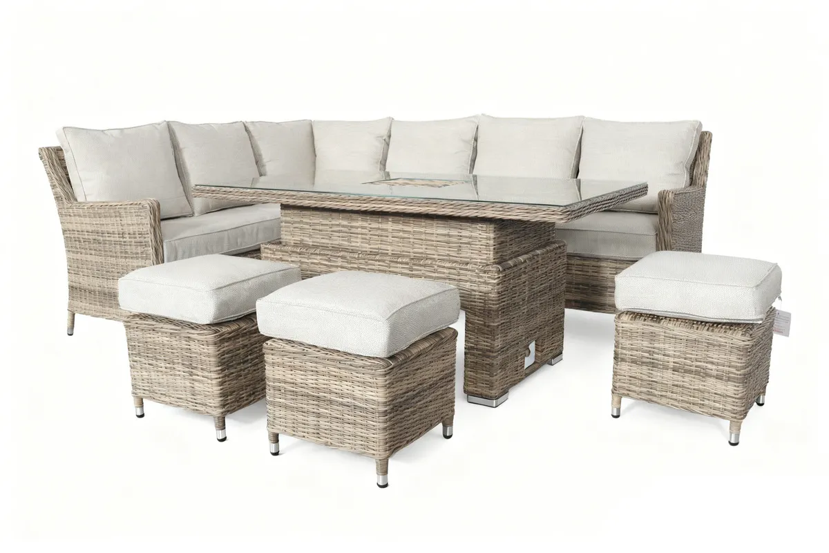 Corner Garden Set with Glass Rising Table & 3 Ottomans - Monterey