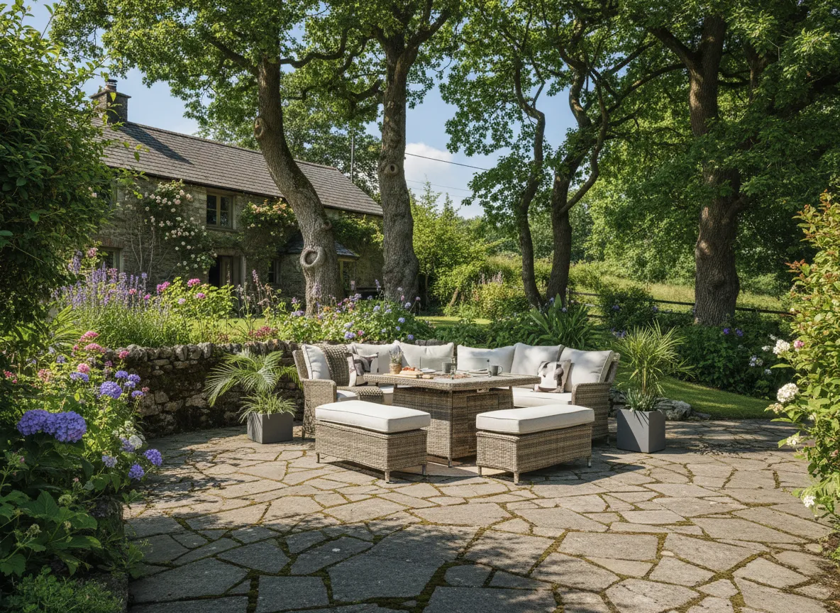 Corner Garden Set with Glass Table Firepit & 2 Ottomans - Monterey