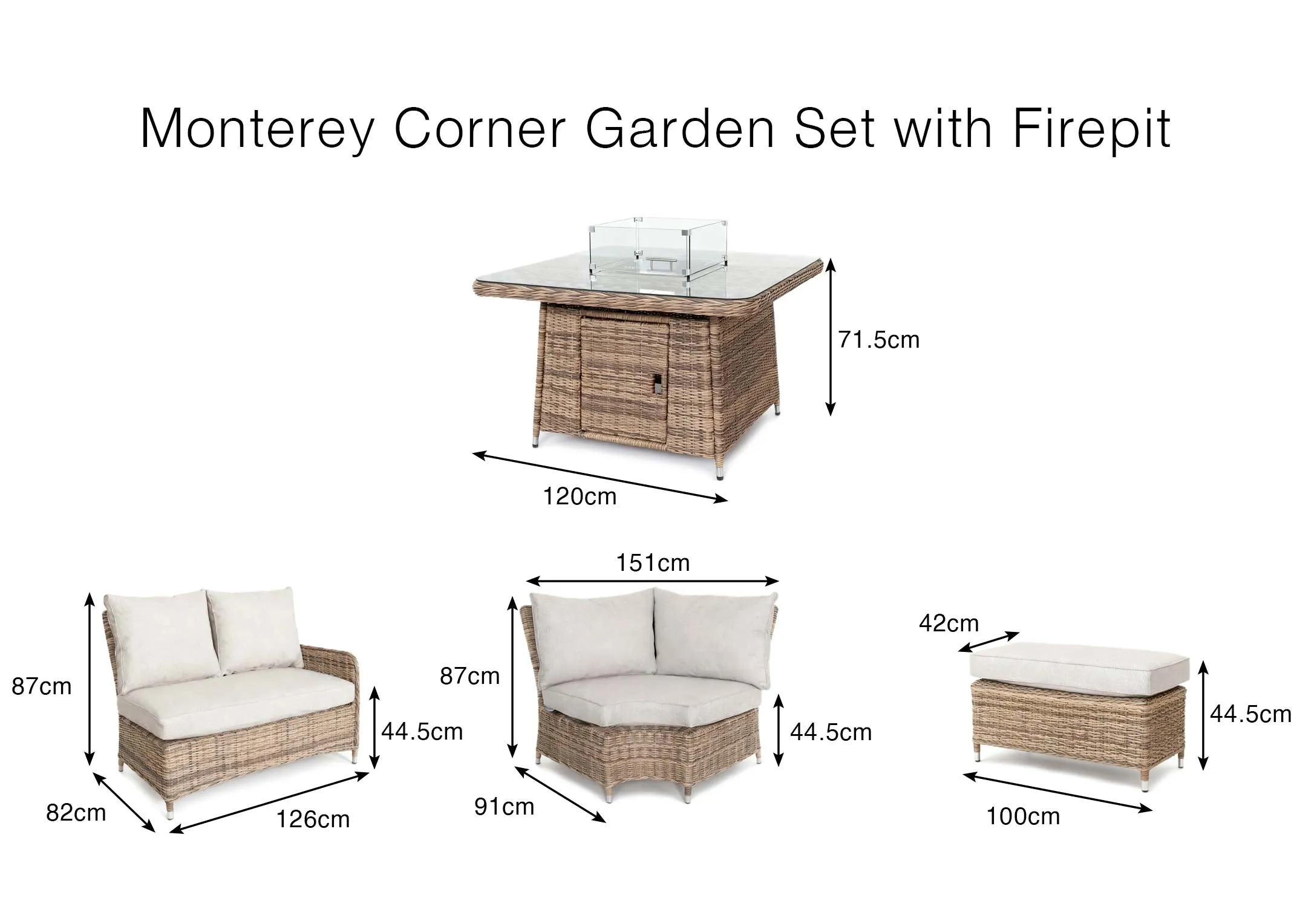 A dimension image of the Monterey Garden set with table 71.5cm x 120cm and sofa 