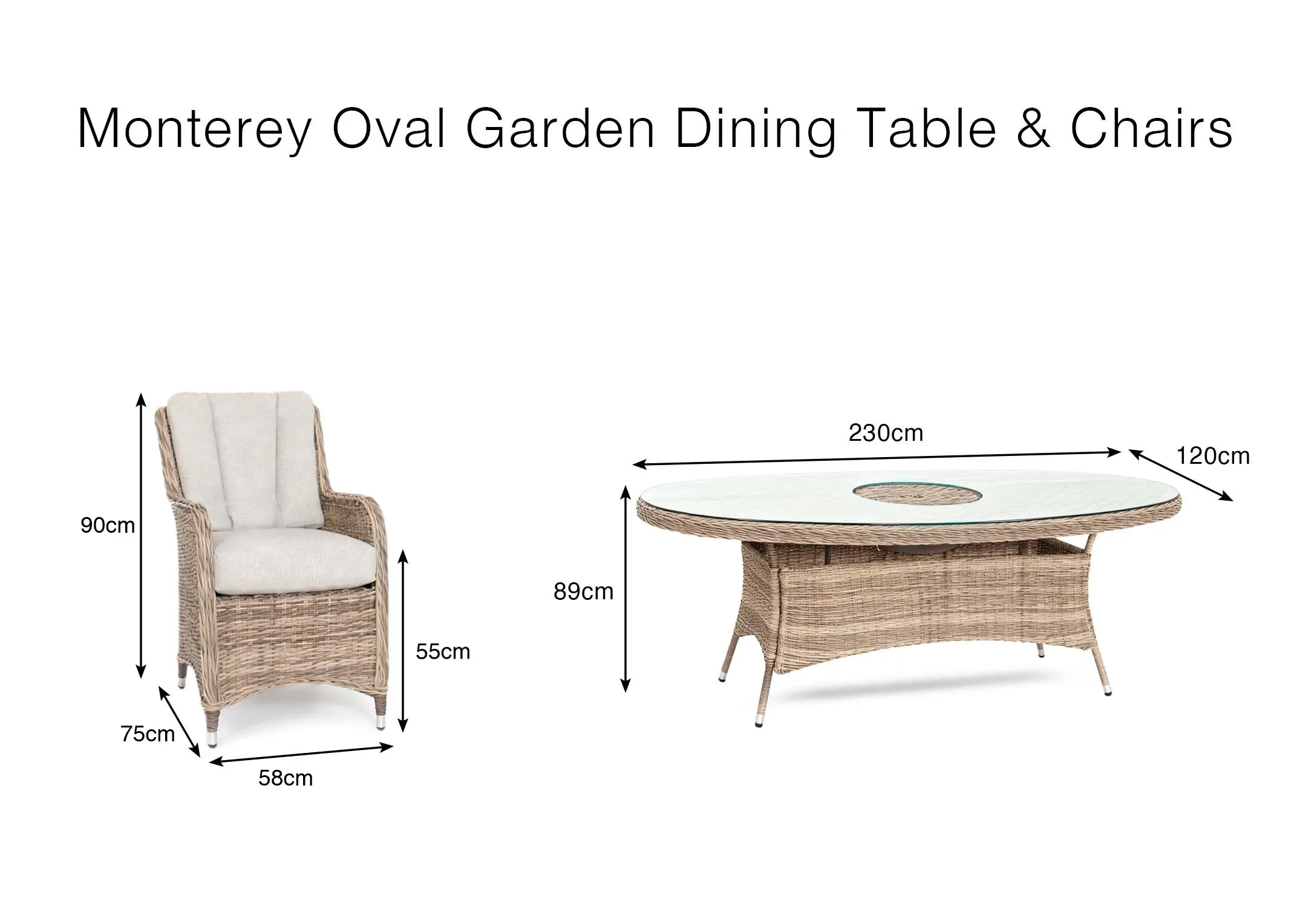 A dimension image of the Monterey Oval Garden set with table 230cm x 120cm x 89cm and chairs 90cm (Height)