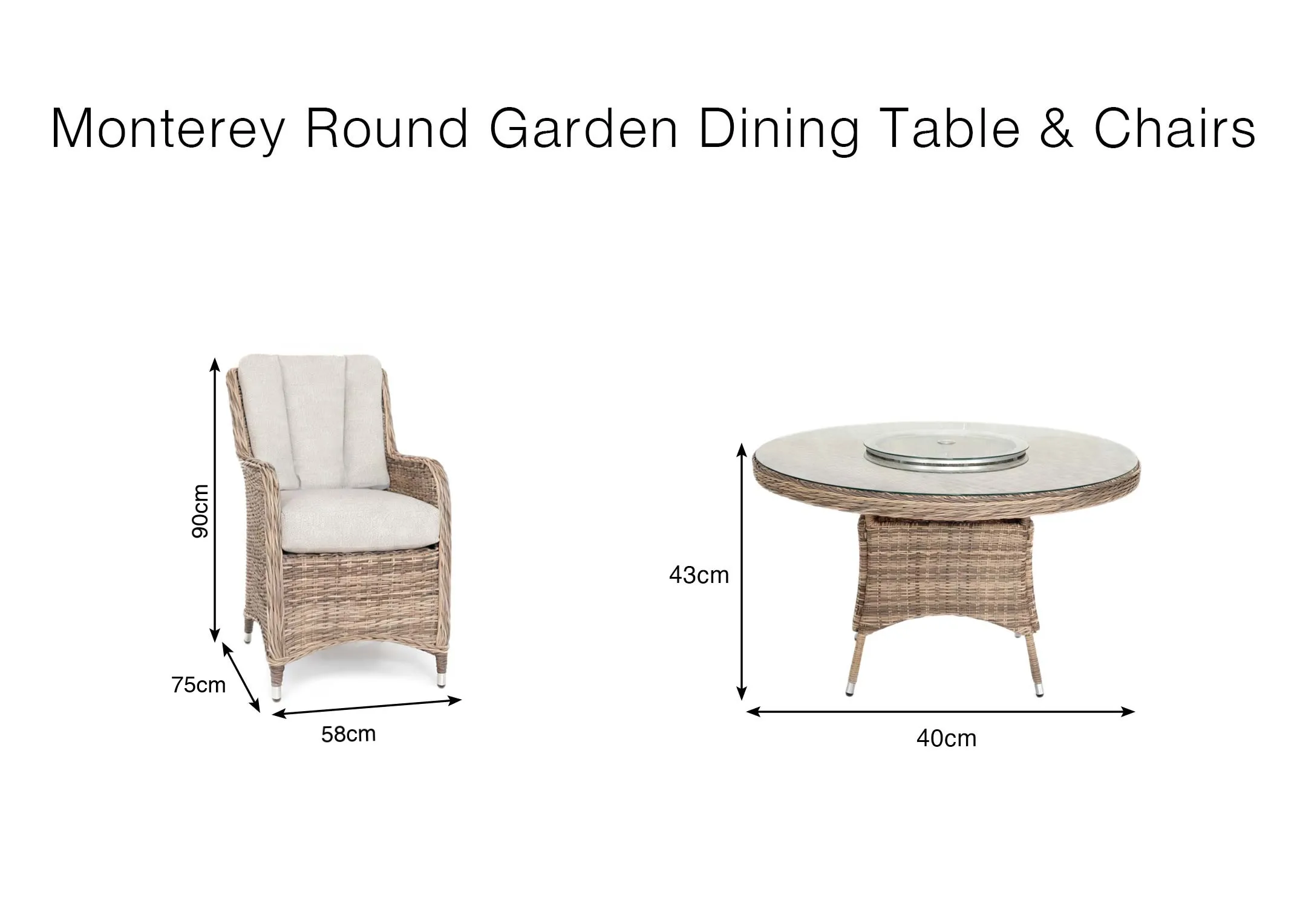 A dimension image of the Monterey round dining table set with Chairs: 90cm (Height)