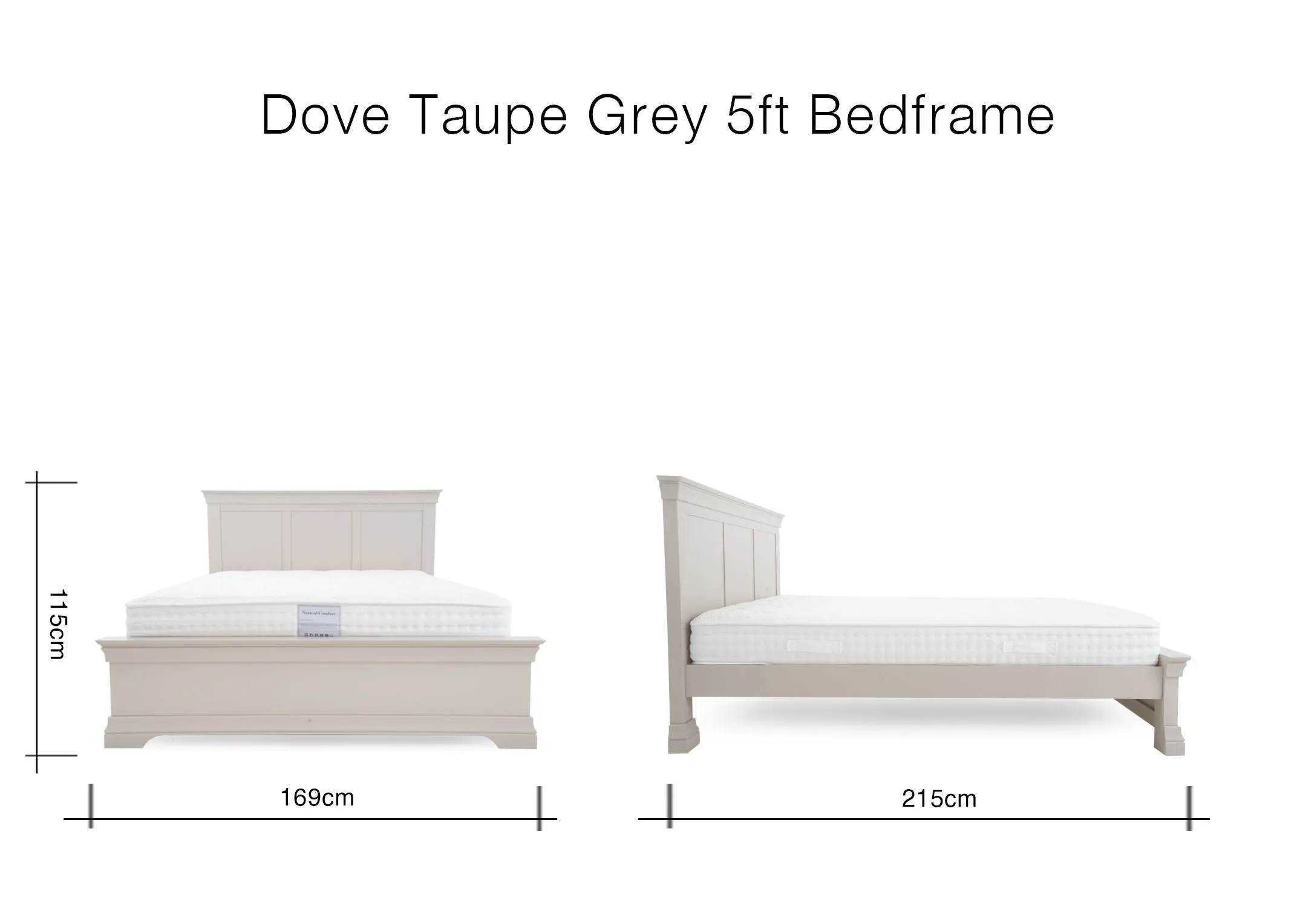 A dimension image of the Dove Taupe grey 5ft bedframe with 169cm x 215cm x 115cm 
