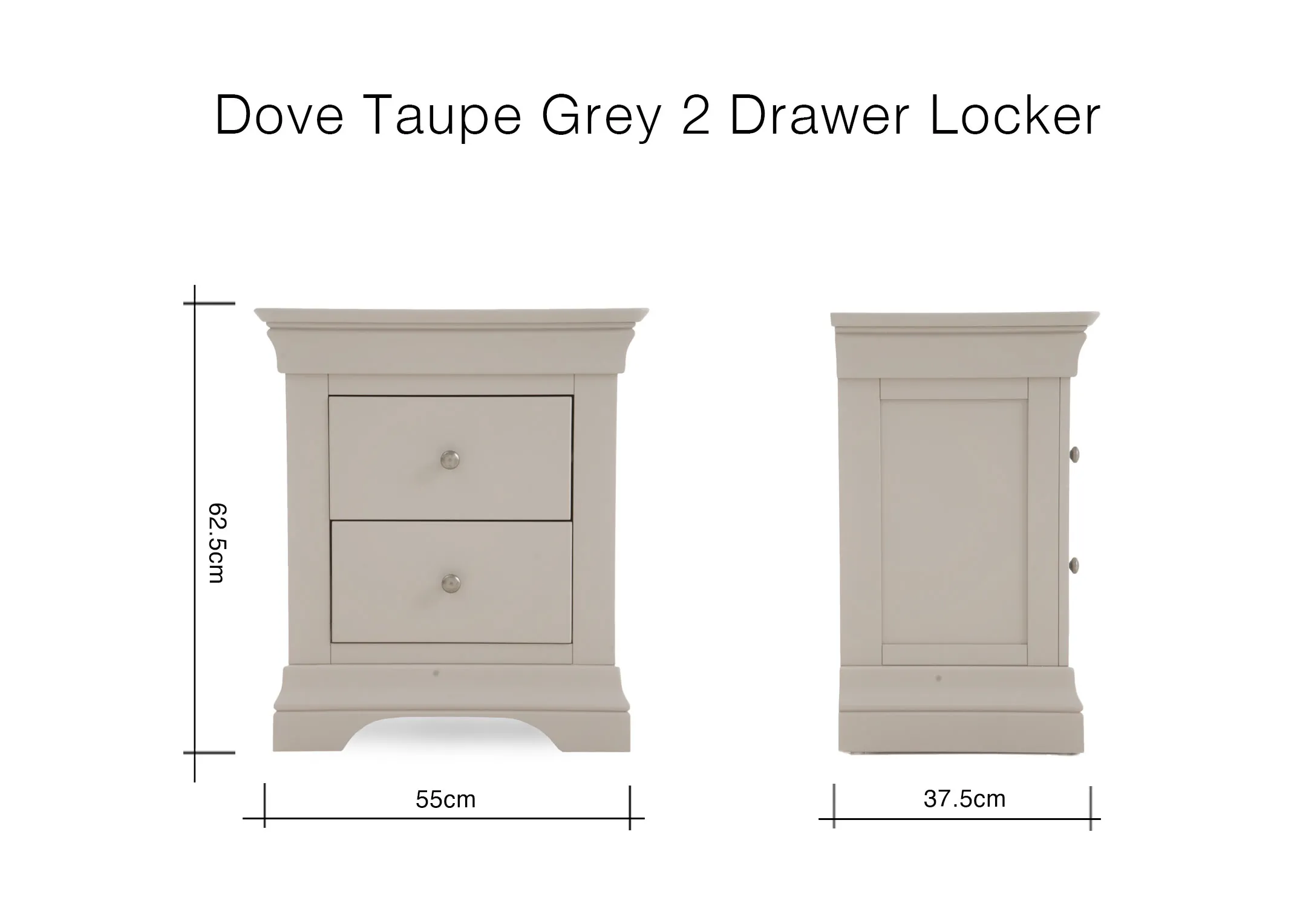 A dimension image of the Dove Taupe 2 Drawer locker with 55cm x 37.5cm x 62.5cm