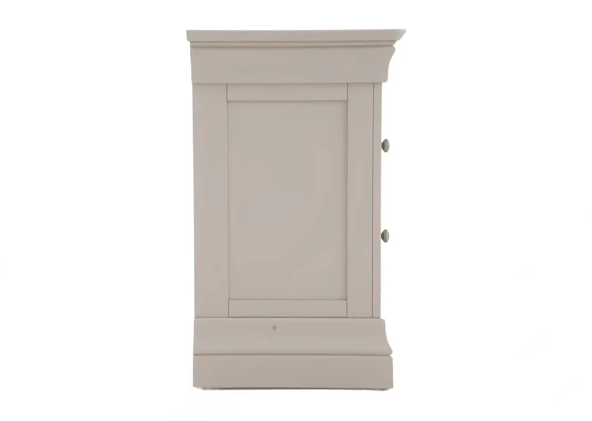 A 2 drawer taupe bedside locker from EZ Livings Dove range.Side view