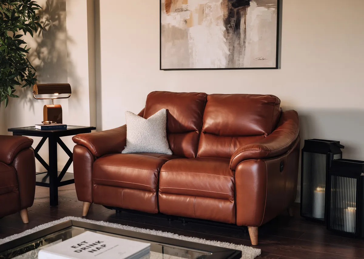A 2 seater brown leather sofa from EZ Livings Blaze range. Closeup of usn and power buttins.