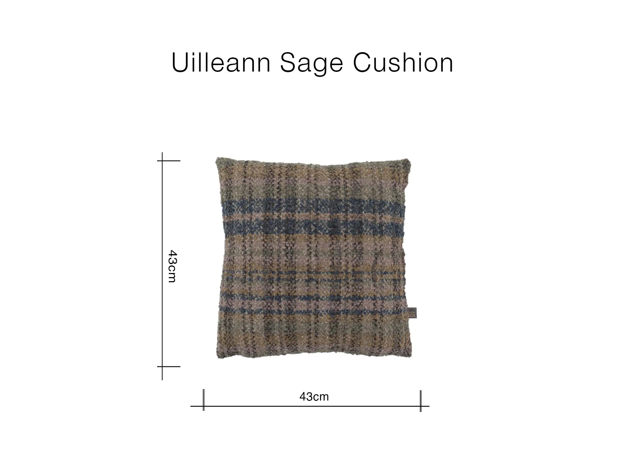 A dimension image of the Uilleann Sage Cushion is 43cm x 43cm