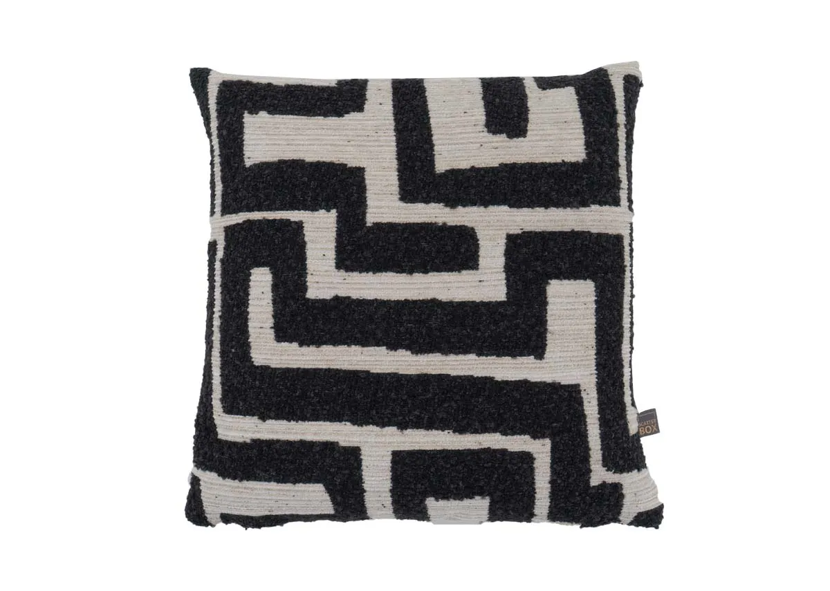 A cream cushion with dark grey maze like design from EZ Livings Zephyr range. Front view.